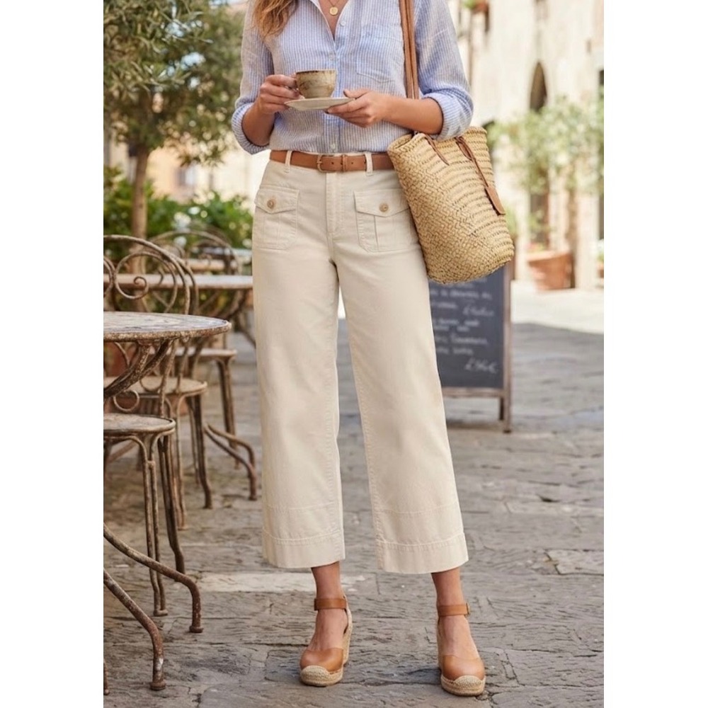 Banana Republic Womens 10 Cream Cotton Wide Leg Cropped Utility Pants Off White